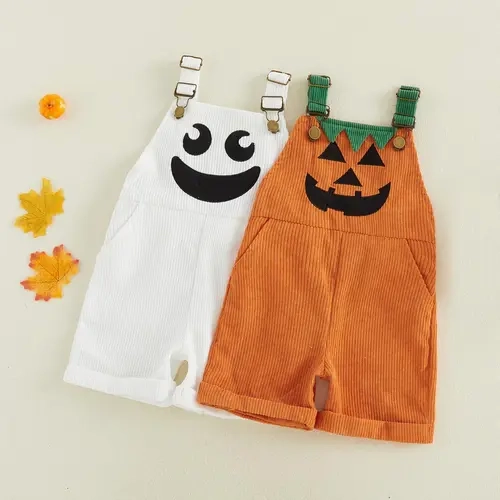 Toddler Corduroy Overalls with Suspenders, Pockets, 2 Ghost/Pumpkin Motifs Soft Thick Wale, Boy Jumpsuit for Family Gathering, Kindergarten Party Costume,sohochic