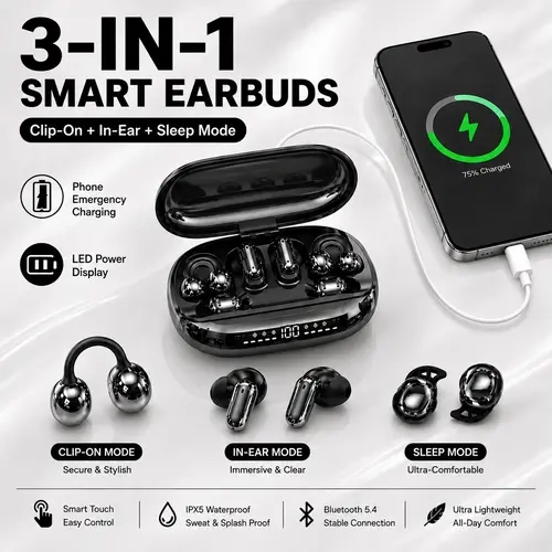 PAXA GT699S 3-IN-1 Wireless Earbuds with Power Bank Charging Case, Includes In-Ear, Clip-On & Sleep Earbuds, Reverse Phone Charging, Bluetooth 6.0, Long Battery Life, Stereo Sound, Earphones for Sports, Sleep & Daily Use, Compatible with Android & iOS