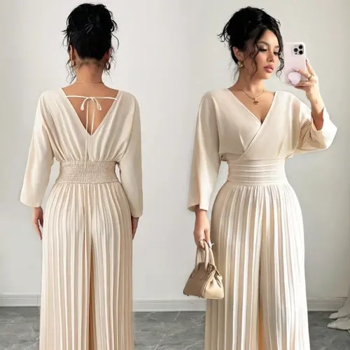 Women's Elegant V-Neck Long-Sleeve Pleated Wide-Leg Jumpsuit - High Smocked Waist, Tie Back, Solid, for Work Commute, Party Outfits (jumpsuits for women)