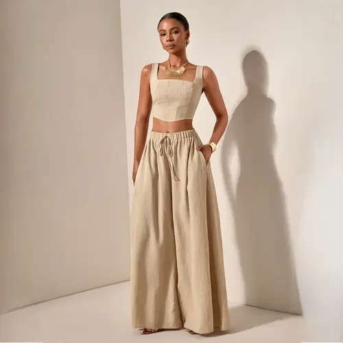 Women's 2-Piece Polyester Casual Matching Set - Sleeveless Textured Fishbone Cami Top, Wide-Leg Pockets Pants for Spring Summer Sports & Outdoor Activities, 2 Piece Sets