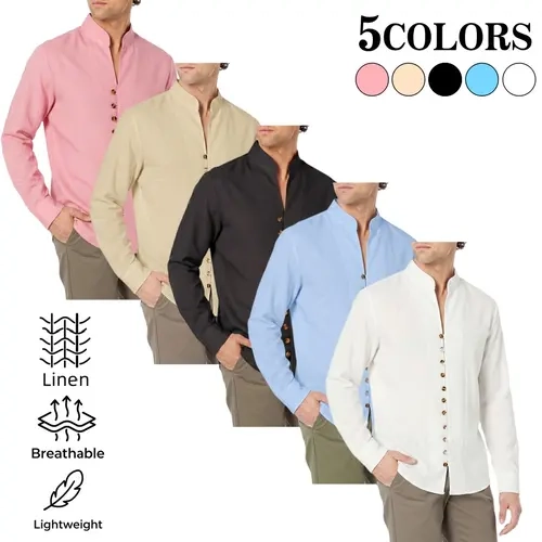Men’s linen long-sleeve shirt with a small stand collar, comfortable and breathable half-button placket design; minimalist solid color that’s versatile for everyday wear and commuting; trendy men’s top suitable for beach vacations, street photography, spo