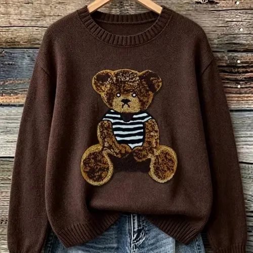Plus Size Elegant Casual Bear Patch Crew Neck Knit Sweater, Oversized Long Sleeve Loose Pullover for Women, Fall & Winter Fashion Knitwear