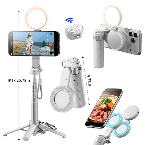 KOLOOBO Mini Magnetic Selfie Stick 7-in-1 Retractable Foldable Double-Sided  Accessory, 25.78" Tripod with Light, DSLR-Style Grip, Makeup Mirror & Phone Holder, Compatible with iPhone 17/16/15/14/13/12 Pro Max, Ideal for Travel Recording Gadget