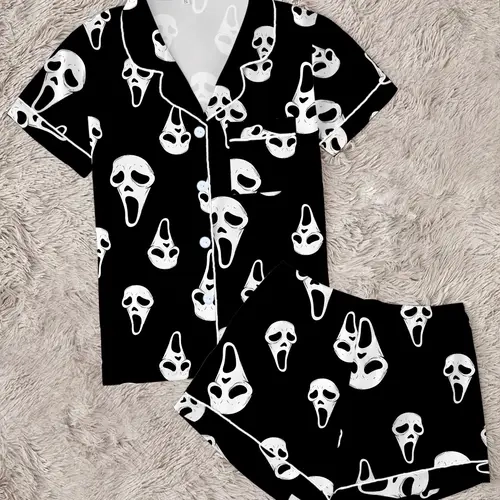 Women's Halloween Skull Print 2-Piece Pajama Set, Cute Cartoon Sleepwear, Short Sleeve, Casual Fitted Above Knee, Perfect Gift