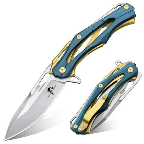 Purple Dragon Compact Folding Pocket Knife - Camping Outdoor EDC Utility Knife, 4.53" D2 Clip Point Blade, All Steel Handle, Silver, Carry Clip, Safe Manual Opening, Accidental Closure Prevention, Gift Box, Men's Gift, 4.53" Blade