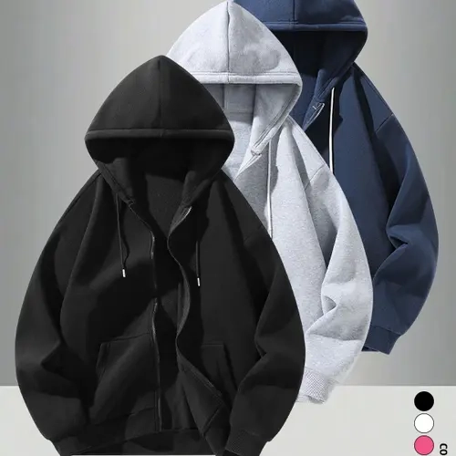 Men’s hooded zip-up sweatshirt, multi-pack for autumn, loose casual fit, versatile solid color long sleeves, outerwear