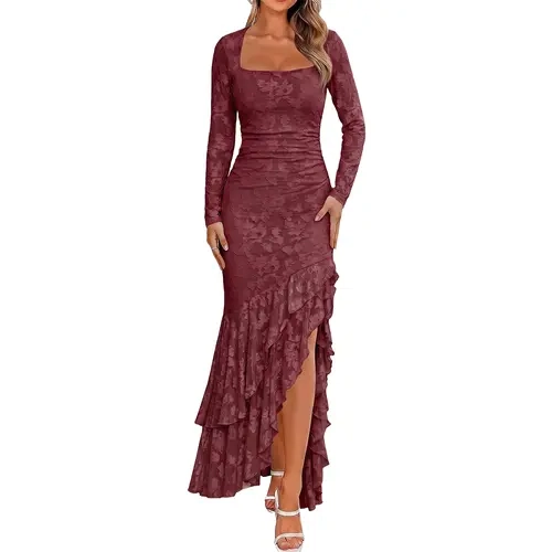 BORIFLORS Women's Formal Square Neck Long-Sleeve Floral Embroidery Mesh Maxi Dress - Ruffle, High Slit, Mermaid Bodycon, Basic Women's Clothes for Evening Cocktail, Wedding Guest Homecoming Dresses,sohochic