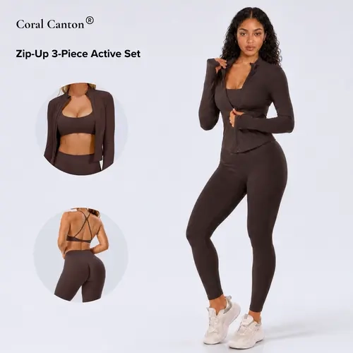 Coral Canton Seamless Zip-Up 3-Piece Active Set SohoChic