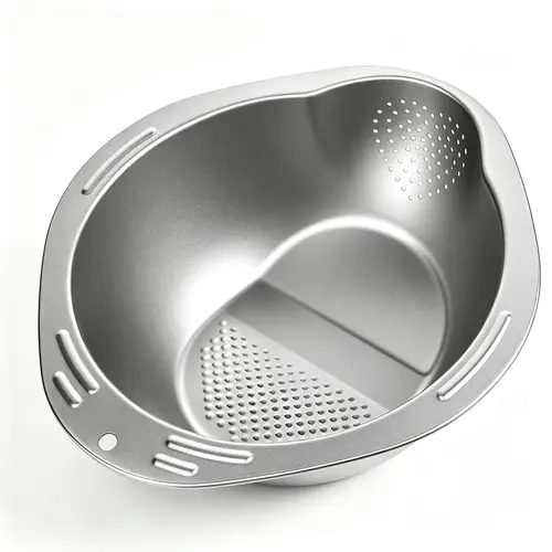 Stainless Steel Rice Washing Bowl with Handle - Slanted Hole Steel Drainer, Multi-Use Cooking Strainer for Rice, Vegetables, Pasta (Strainers and Colanders Category), Holes,sohochic