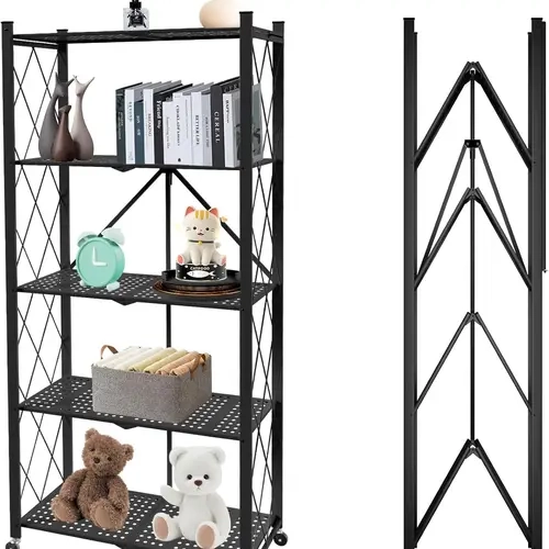 5-Tier Foldable Metal Storage Shelves with Wheels, Expandable Organizer, Convertible to 2-Shelf Units for Pantry, Garage, Adjustable Metal Racks