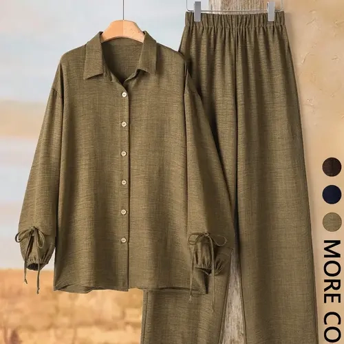 Women's 2-Piece Set, Button-Down Long Sleeve Shirt & Wide Leg Pants, Loose Fit, Vintage Style, Casual, Comfortable Clothing