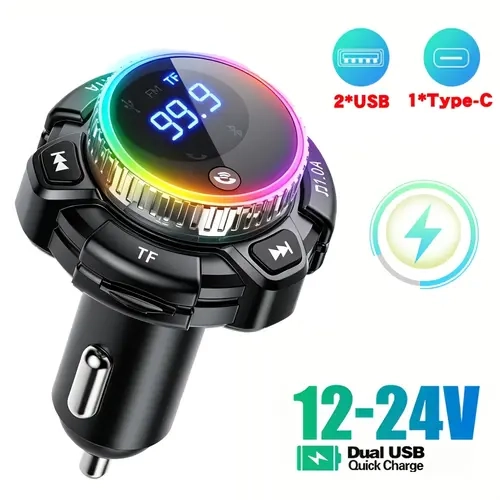 2026 Modern Bluetooth 5.3 Car Adapter - Automotive Charger, PD 3.0 Fast Charging, Rotary Volume Knob, HiFi Deep Bass Sound, RGB Ambient Light, Hands-Free Calling, FM Transmitter, TF Card MP3 Player for Vehicles,toolupgrade