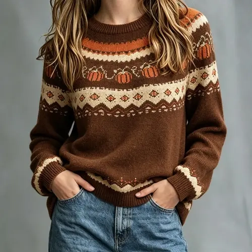 Women's Round Neck Jacquard Pullover Sweater, Halloween Pumpkin Pattern, Regular Fit, Fall & Winter Casual Festive Knitwear for Daily and Party Wear