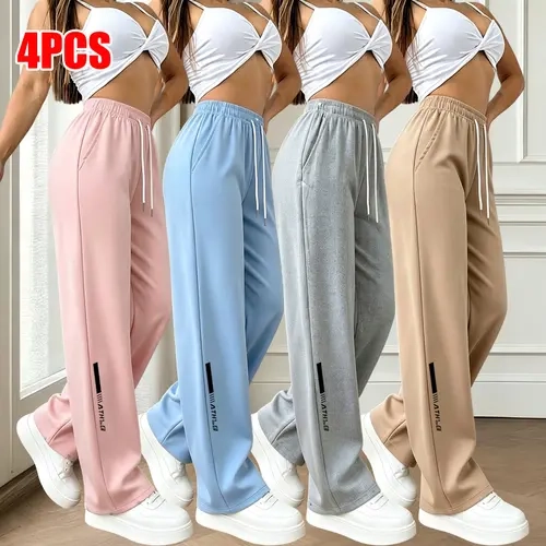 Women's 4-Pack Polyester Athletic Casual Sport Pants - Regular Fit, Drawstring Elastic Waistband, Comfortable Long Pants for Workouts & Leisure, Multiple Colors, Women's Clothing, Athletic Pants