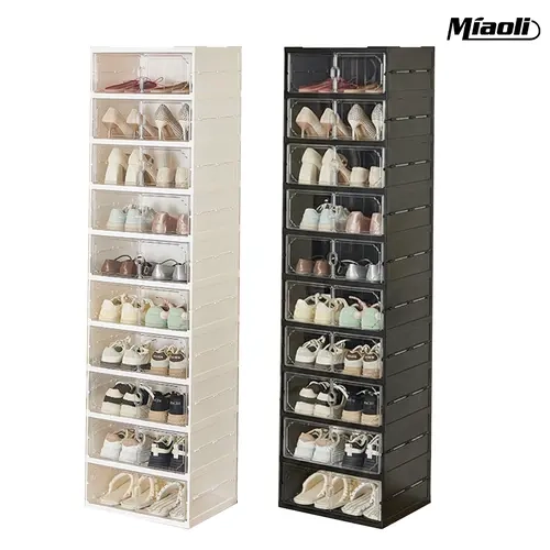 MiAoLi Foldable Adjustable Shoe Cabinet - 9-Tier Transparent Door ABS-PVC Shoe Organizer, 18-Pair Storage Racks, Space-Saving Stackable Plastic Unit, No Installation Required