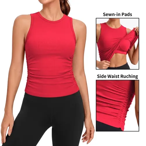 ATTRACO Ribflex Built in Bra Tank Tops for Women High Neck Ruched Side Ruched Side, High Neck, Sewn in Bra, Full Back, Ribbed Seamless, Elastic Fabric, for Running, Tennis, Workout, Yoga Wear