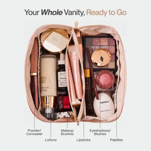 AVIO Travel Makeup Bag - 3-Zone Lay Flat Cosmetic Organizer with Separate Compartments, Brush Holder, Water-Resistant On-The-Go Storage for Makeup Products, Vanity & Travel-Ready Case