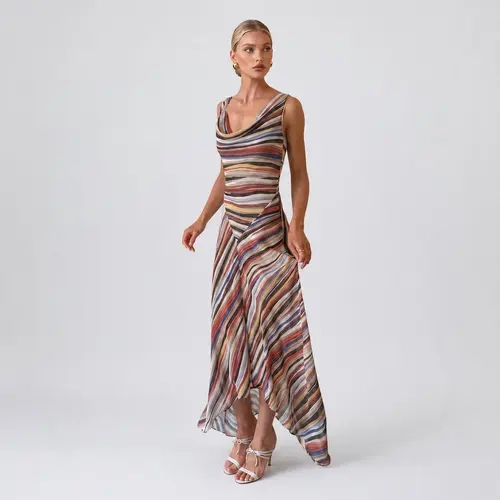 LikeMyChoice Women Colorful Stripe Print Satin Midi Slip Dress Cowl Neck Spaghetti Strap Asymmetrical Irregular Hem Flowy Summer Vacation Party Dress