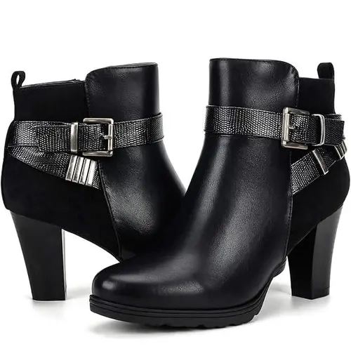 Mysoft Women's Glitter Buckle Chunky Block Heel Ankle Boots, Patchwork Leather Side Zip Short Booties, Non Slip Platform Dress Boots for Fall Winter Daily Outfits,sohochic