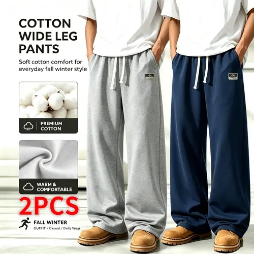 Men's 2-Pack Premium Cotton Baggy Sweatpants - Male Casual Sporty Joggers, Soft Thick Fleece Lined, Elastic Drawstring Wide Leg, Athleisure Style Bottoms, Active Joggers Pants for Fall Winter Lounge Gym