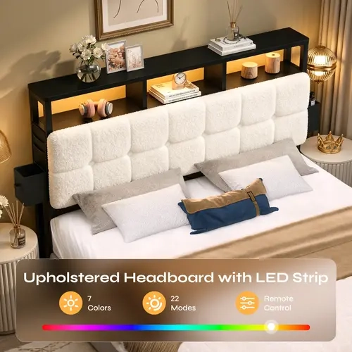 Elegant Upholstered Headboard for Bed - Black PU Leather & Cream Teddy Fleece, Button-Tufted, 7 Multi-Colors LED Lights Strip with 22 Modes & Remote, Type-C Port, USB Port, 2 AC Outlets, Fit Full/Queen/King