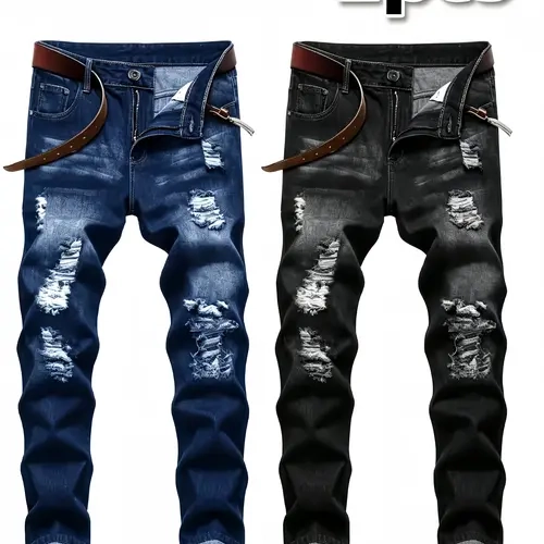 2pcs Men's Slim Fit Distressed Ripped Jeans | Classic Stretch Denim Pants, Trendy Casual Versatile Outfits jean pants Grunge Style Slim Fit Straight Leg Denim Pants with Ripped And Distressed Details Men's -style Distressed Skinny Jeans with Stretchsinian