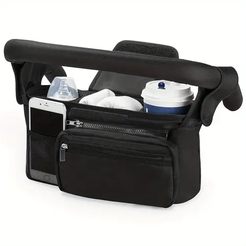 Waterproof Thick Fabric Universal Stroller Organizer Caddy - Stroller Accessories, Single Unit, 2-in-1 Wipe Pocket, Wide Cup Holders, Elastic Side Pockets, Shoulder Strap, Full-Size Compatibility, Black Sohochic