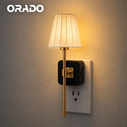 ORADO Vintage Pleated Fabric Plug-In Night Light, Dusk-to-Dawn Auto Sensor, Stepless Dimmable Soft Warm Glow Wall Sconce for Bedroom, Bathroom, Hallway & Home Decor