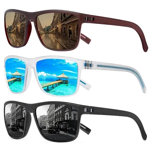 TURBOPEP Unisex Square Framed Sunglasses (3 Pairs) - Polycarbonate Full Rim, Lightweight Frame, UV Protected, Simple Look Fishing Travel Fashion Eyewear Accessories