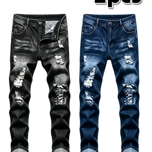 2pcs Men‘s Slim Fit Distressed Ripped Stretch Denim Jeans- Trendy Ripped Jeans for Men - Fashionable Street Style Stretch Jeans for Men - Suitable for All Seasons Grunge Style Straight Leg Skinny Pants, Trendy Casual Versatile Daily Outfit Denim Trousers