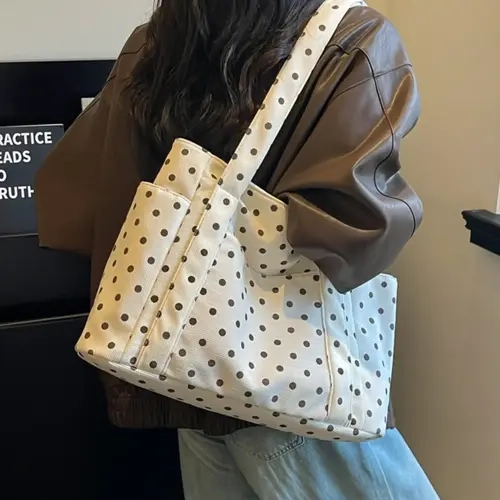 High-Style Polka Dot Tote Bag for School, Large Capacity Multi-Pocket Shoulder Bag, Lightweight Handbag, Campus Commute Essential, Back-To-School Must-Have