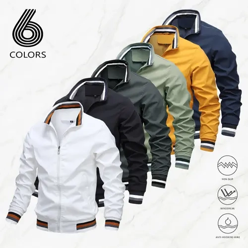 Men’s stand collar zip-up lightweight jacket with contrast ribbed hem, business men’s trench coat available in multiple colors, suitable for everyday wear, commuting, and light business casual outerwear.,sohochic