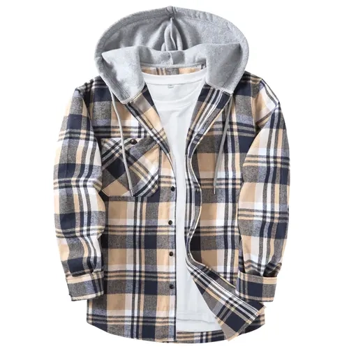 ZITY Men's Plus Size Checked Flannel Hooded Long Sleeve Shirt-Jacket - Button Front, Drawstring Hood, Pockets, Soft Casual Style Outerwear for Streetwear, Office,sohochic