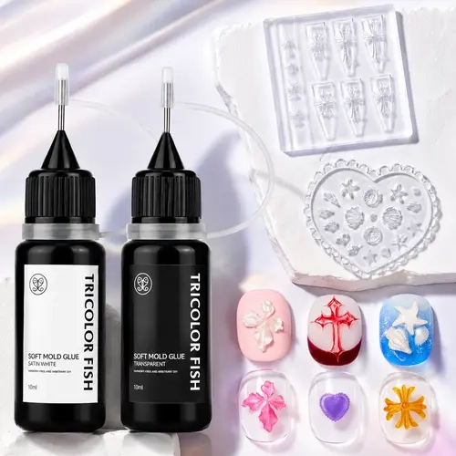 TRICOLOR FSIH Soft-Type 3D Nail Sculpting Gel (2-Piece Set: Clear/Satin White) for Nail Art Molds | 10ml Gel with 2 Molds; Suitable for Floral Sculpting & Ornament Creation; Ideal for DIY & Salon Use; Requires UV Lamp Curing.,sohochic