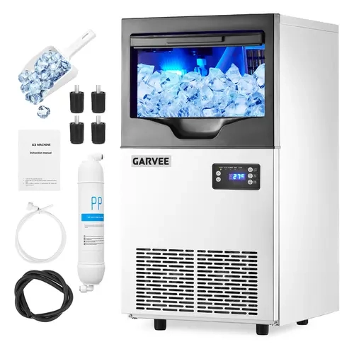 Garvee Commercial Ice Maker Machine, 100 lb/24H Output - Undercounter/Freestanding, 33-35 lb Storage Bin - Stainless Steel, Adjustable Cube Thickness, Self-Cleaning - For Restaurant Bar Cafe Kitchen