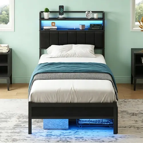 CollaredEagle Full Size Upholstered Bed Frame with Upholstered Headboard, LED Lights, USB Charging Station, Storage Shelves, Heavy-Duty Slats, Noise-Free, Box Spring Free, Metal PU Leather (Twin/Full/Queen) Modern Apartment Furniture, Queen Bed Frame