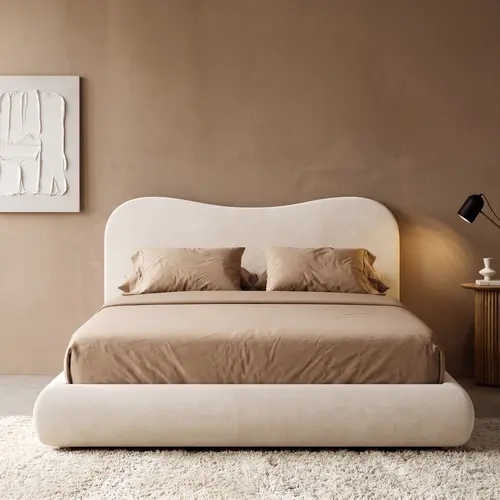 RECCI Airframe Queen Cloud Bed Frame - Camelback Curved Headboard, Modern Upholstered Platform Bed Frames, 360° Soft Foam Surround, Low Profile, Cozy Bedroom Furniture, Minimalist Aesthetic, No Box Spring Needed, Easy Setup,sohochic