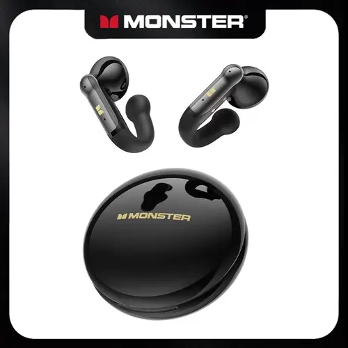 MONSTER Open Ear Clip-On Earbuds - Bluetooth 6.0 Wireless Audio Earphones with 13mm Drivers, 4.3g Ultra-Light J-Shaped Fit, ENC Calls, 165H Playtime, Water-Resistant Sports Headphones for Running, Back to School
