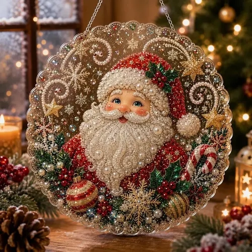 DIY 3D Pearl Bead Art Christmas Ornament Kit - Father Christmas (20*20cm), Festive Decoration for Tree & Window, Relaxing Holiday Craft Activity, Handmade Gift Idea, Room Decorations,