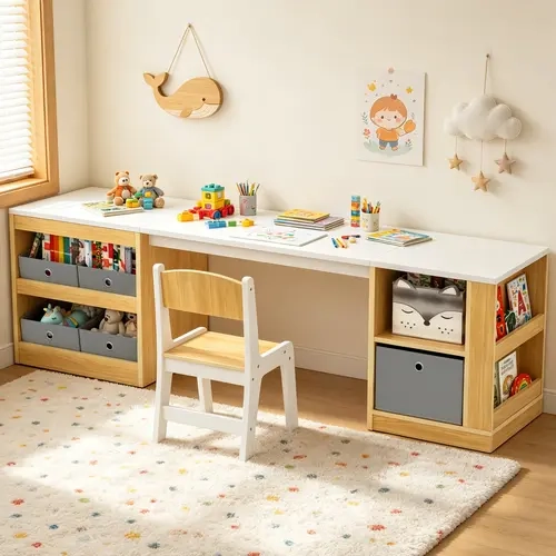 Modern Kids Study Desk & Chair Set, Natural & White ,Long Toddler Craft Activity Table with Open Cubbies & Pull-out Drawers, Single Child Workstation for Writing, Drawing, Toy Organization, Playroom & Bedroom,sohochic