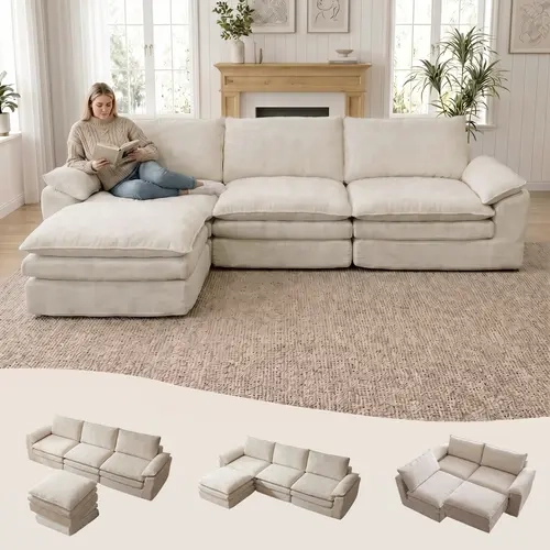 118'' Modular Sectional Cloud Couch with Movable Ottoman, 4 Seat Modern Corduroy Sofa, Deep Seat L Shaped Couch for Living Room Bedroom Apartment No-Assembly Big Boneless Couch Frameless Modular Sofa