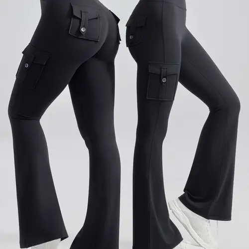 Women's High Waist Scrunch Cargo Pocket Fitness Leggings - Polyester Blend, Female Figure Hugging, Tummy Control Flare Bootcut Athletic Pants for Women, All Seasons Gym Workouts