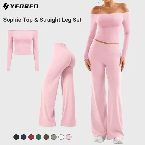 YEOREO Sophie Women's 2-Piece Basic Minimalist Off-Shoulder Top & Straight Leg Matching Set, Trending Stylish Cute Clothes for Women, Sohochic Matching Sets, Matching Sets For Women Casual Summer Set Solid Color Set