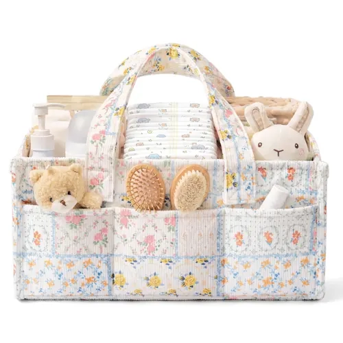 FLOE Diaper Caddy Organizer - Diaper Bag Organizer with Handle, Portable Baby Travel Storage Basket Bin, Built-in Wipe Holder, Botanical Print
