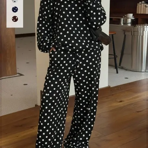 Women's Polka Dot Off-Shoulder Loose Pajama Set, Cozy Fall Winter, Comfortable with Pockets, Streetwear, Home Wear & Pyjamas
