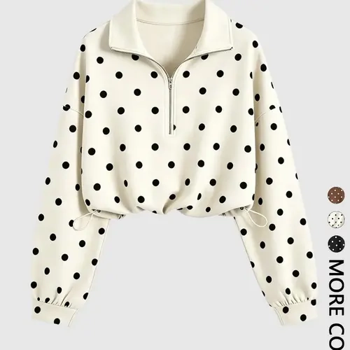 Women's Polka Dot Half Zip Collared Cropped Sweatshirt, Drop Shoulder Long Sleeve Pullover, Adjustable Drawstring Hem Loose Oversized Casual Top