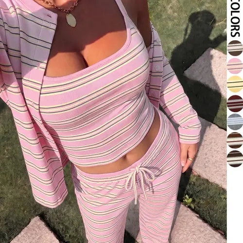 Striped Three-Piece Set, Tank Top Cardigan Wide Leg Pants, Y2K Home Wear, Casual Vacation Set, Street Style Women's Ensemble