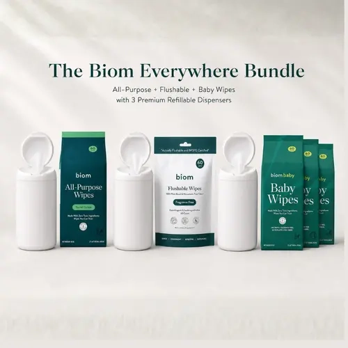 Biom Everywhere Bundle - Biodegradable Multi-Type Wipes (60ct All-Purpose, 60ct Flushable, 180ct Baby) with 3 Premium Refillable Dispensers