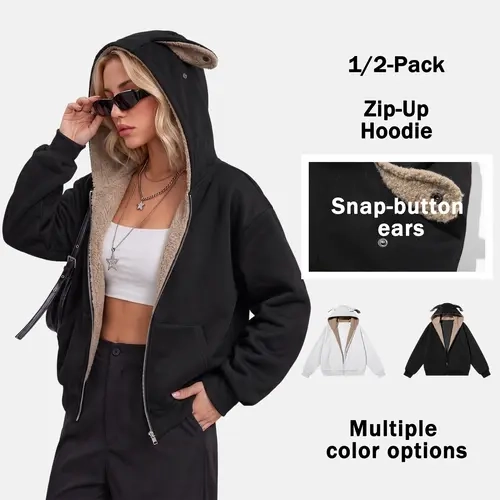 2-pack women’s cotton-blend zip-up hoodies with Snap-button ears, couples’ casual comfortable zip jackets, Y2K retro-style cardigan sweatshirts, suitable for everyday wear sohochic