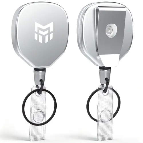 MNGARISTA Heavy Duty Retractable Badge Reel,Upgraded Retractable Keychain with Belt Clip, 8 OZ Retraction, 31.5" Stainless Steel Cord Key Chain, ID Badge Reel Holder with Badge Strap and Key Ring,Silver